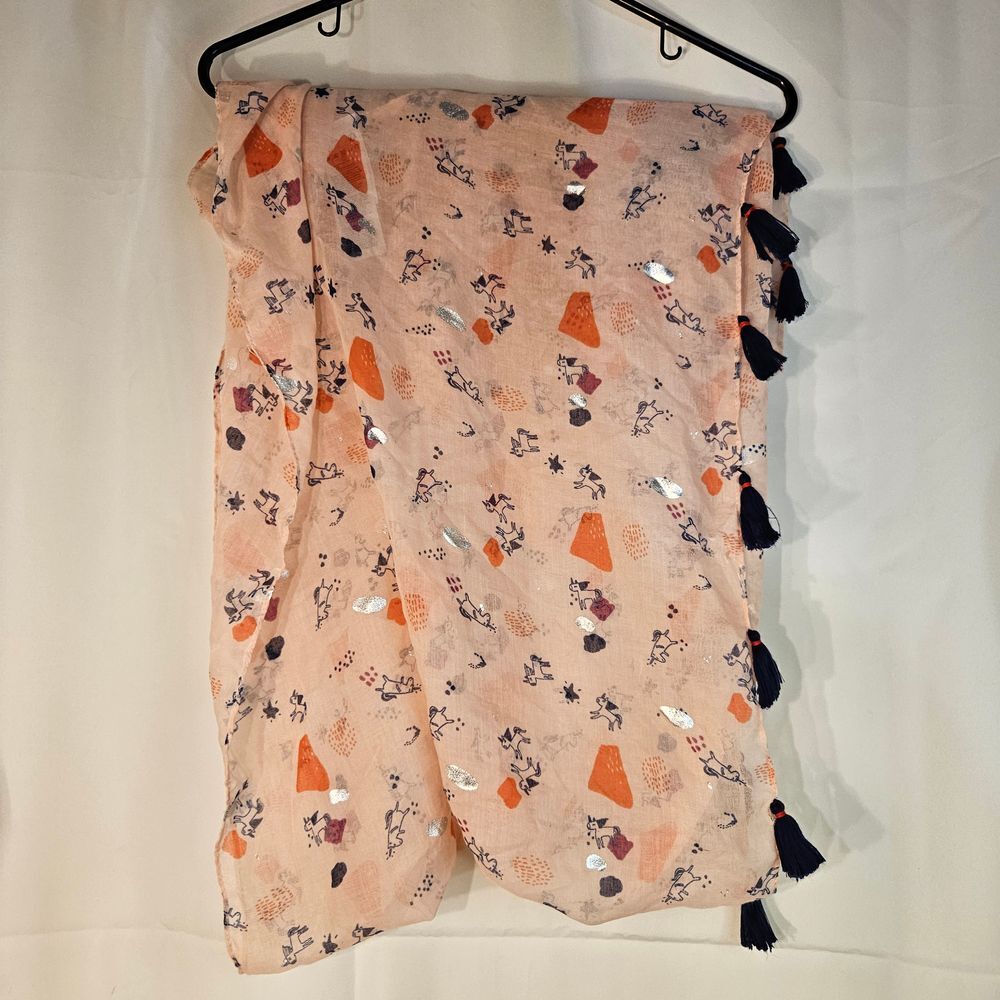 Whimsical‎ Unicorn Print Scarf with Tassels Peach Orange Lightweight Accessory